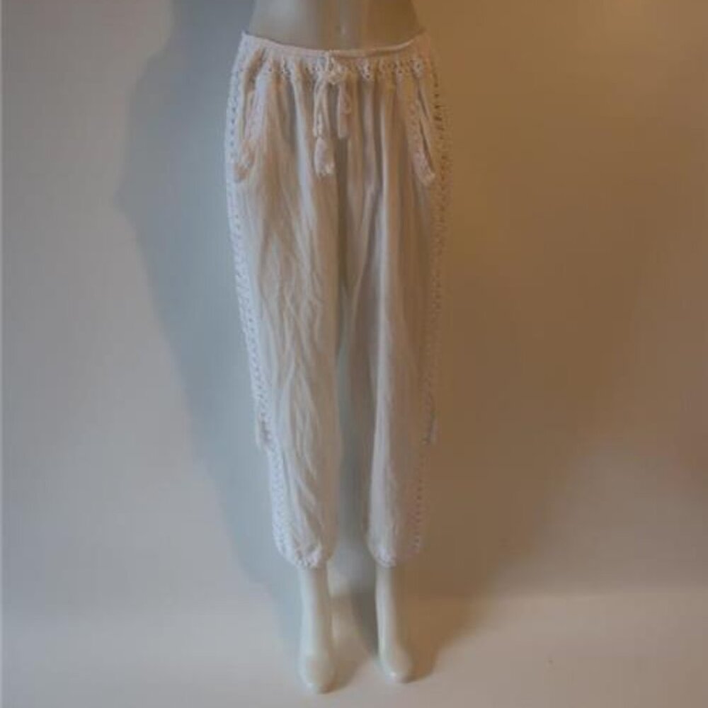 Womens Anna Kosturova Giza White Gauzy Crochet Drawstring Swim Cover-Up Pants S*